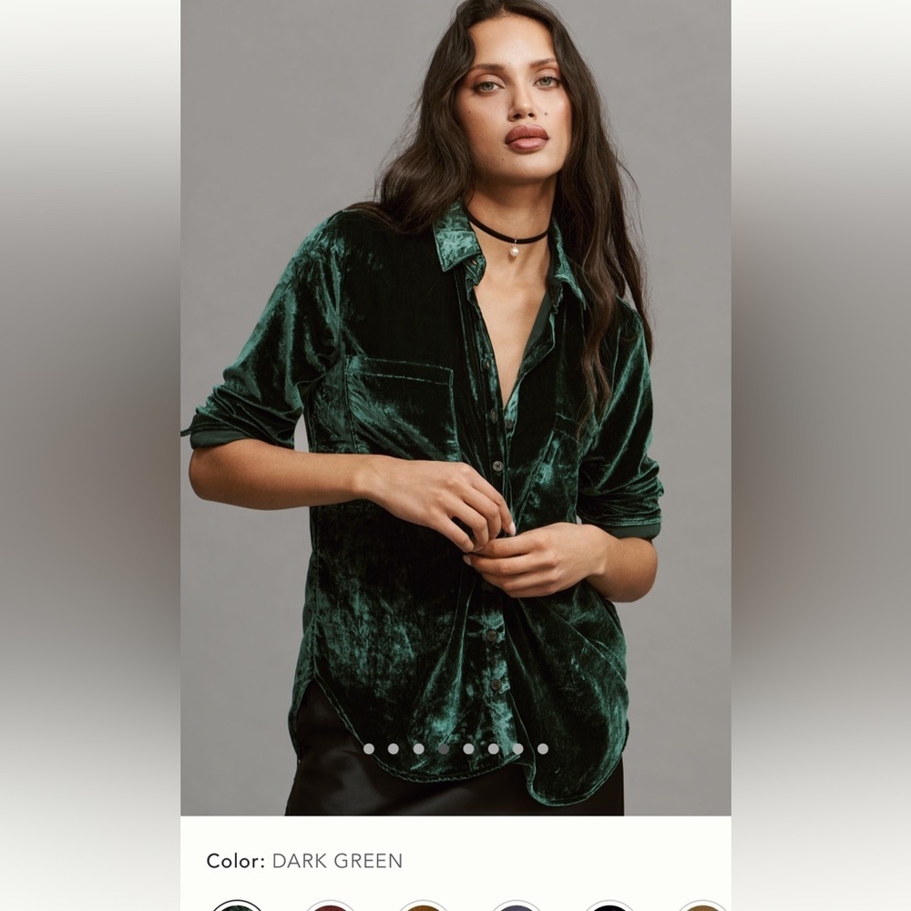 Anthropologie Dark Green Velvet Button Down Shirt
